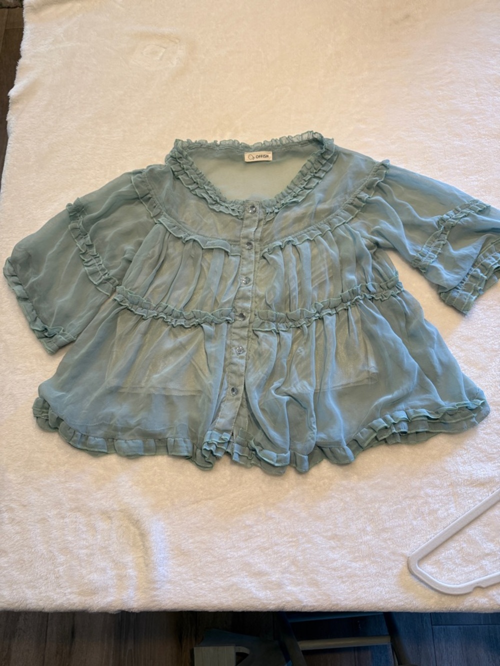 Offish Light green Ruffle Button-Down Blouse with fun sparkle buttons